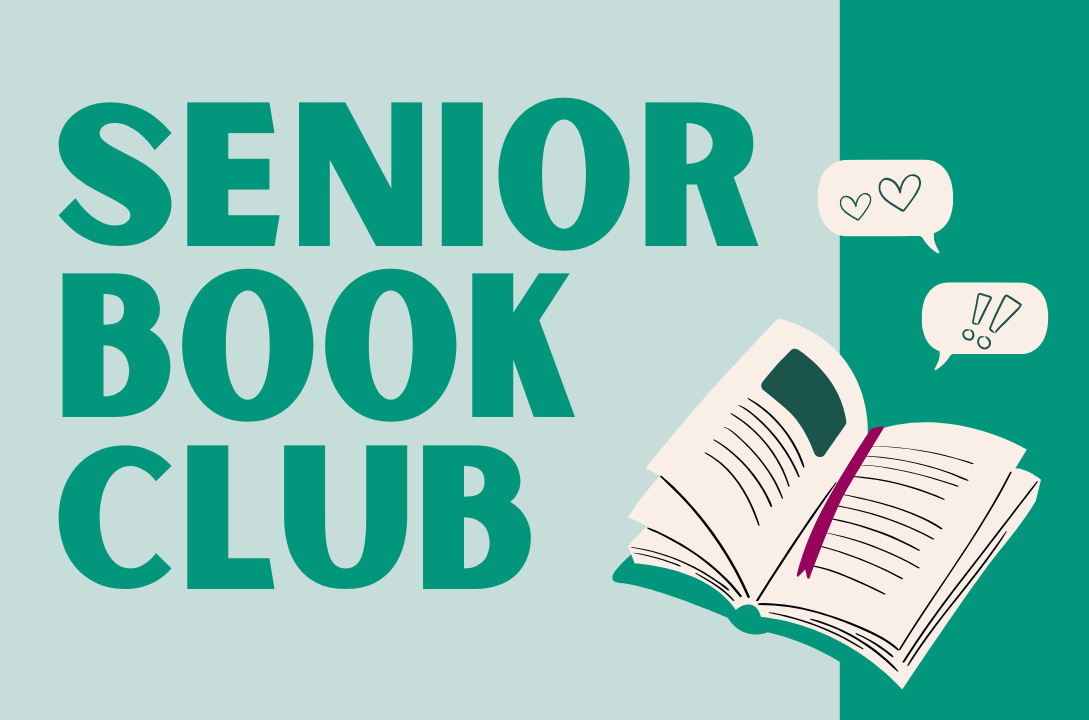 green background. Book illustration with talking bubbles. Senior Book Club