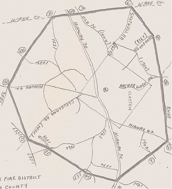A old hand-drawn map of Claytext Fire District