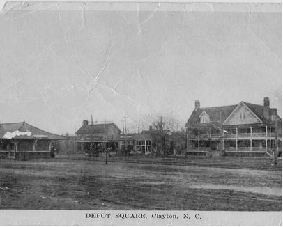 An old photograph of Depot Square, Clayton, North Carolina