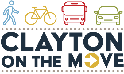 Clayton on the Move Logo featuring a person walking, a bicycle, a bus, and a car over text.